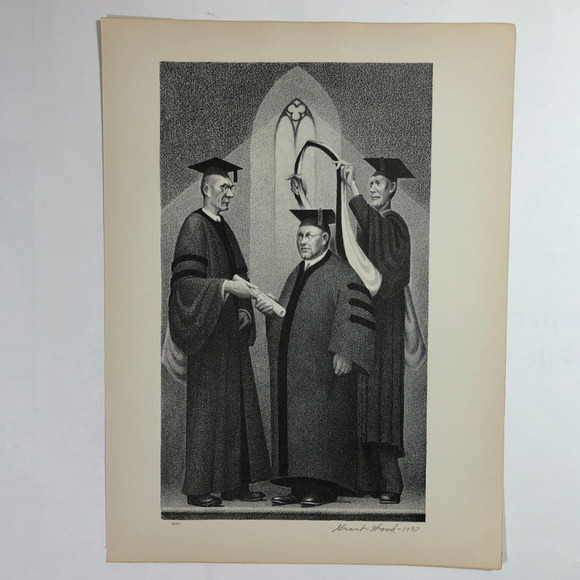 Grant Wood "Honorary Degree" 1930s Art Print Sketch Vtg University Graduation - Picture 2 of 12